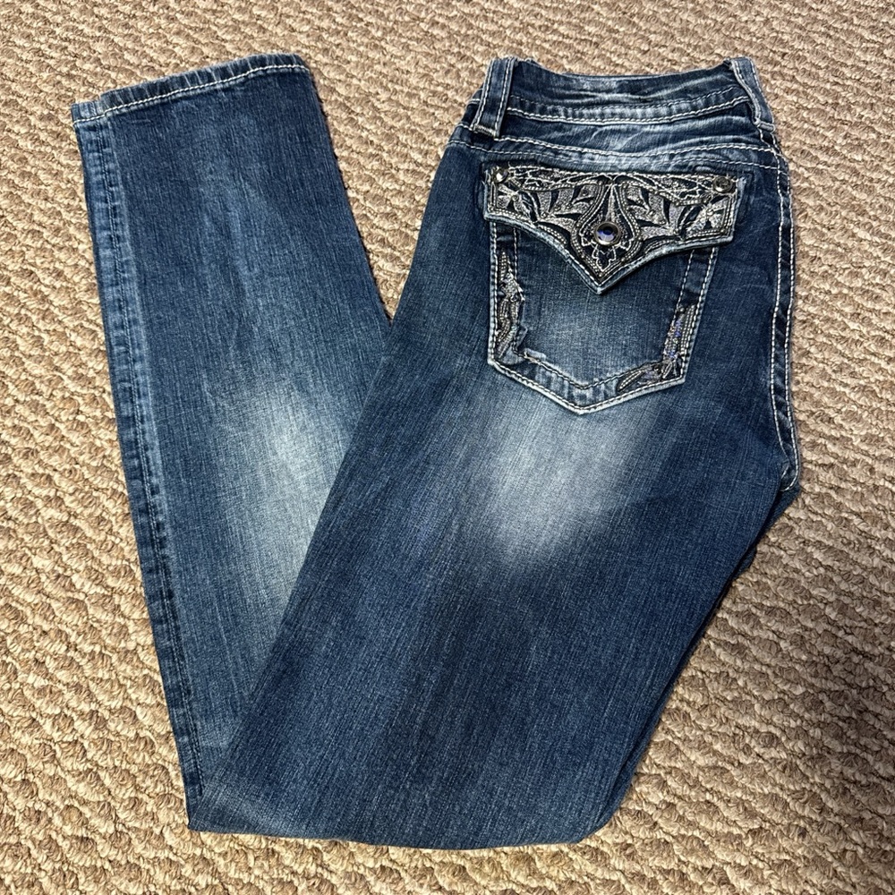Miss Me Dark Blue Straight Leg Jeans with Embellished Pockets